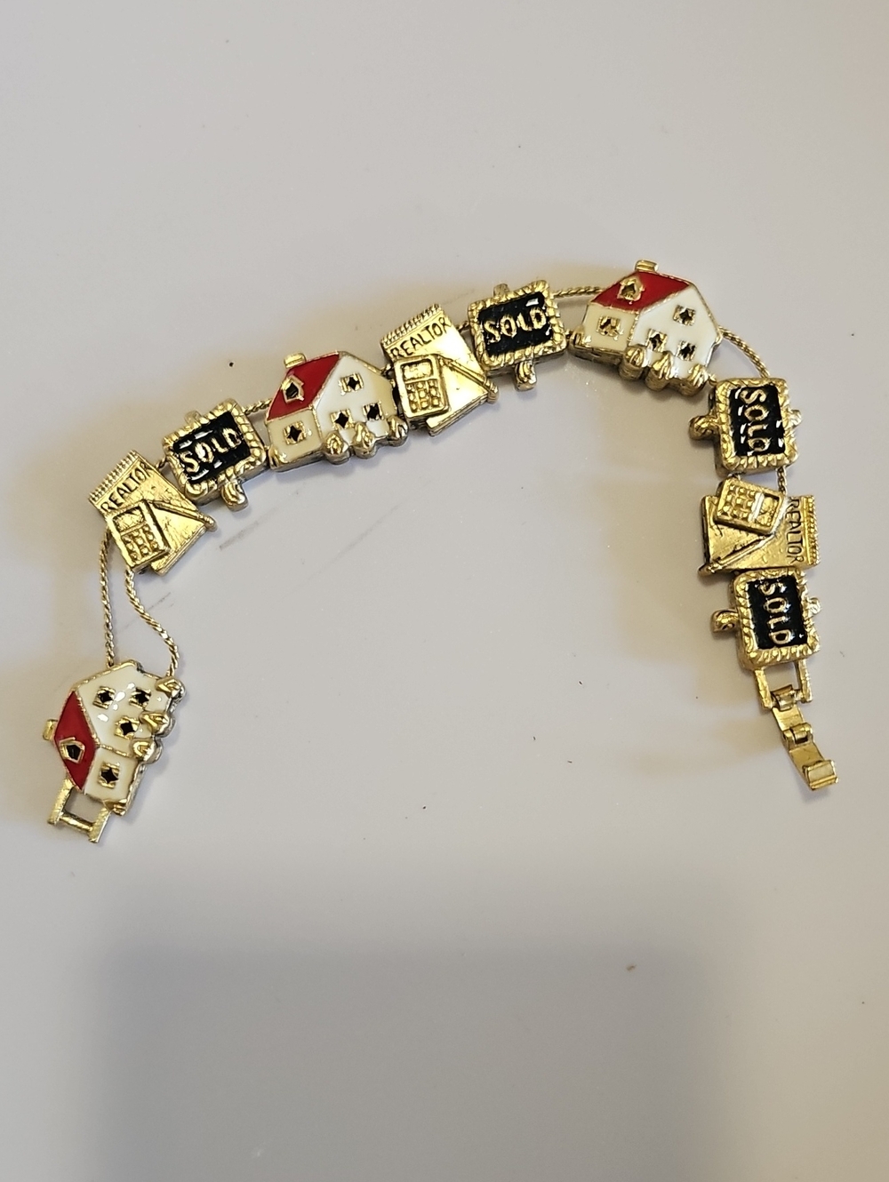 Real Estate Themed Gold Tone Charm Bracelet with Red & White House Charms